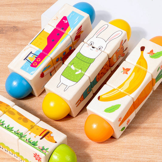 Holzspielzeug für Kinder mit rotierenden Tier-Puzzle-Bausteinen