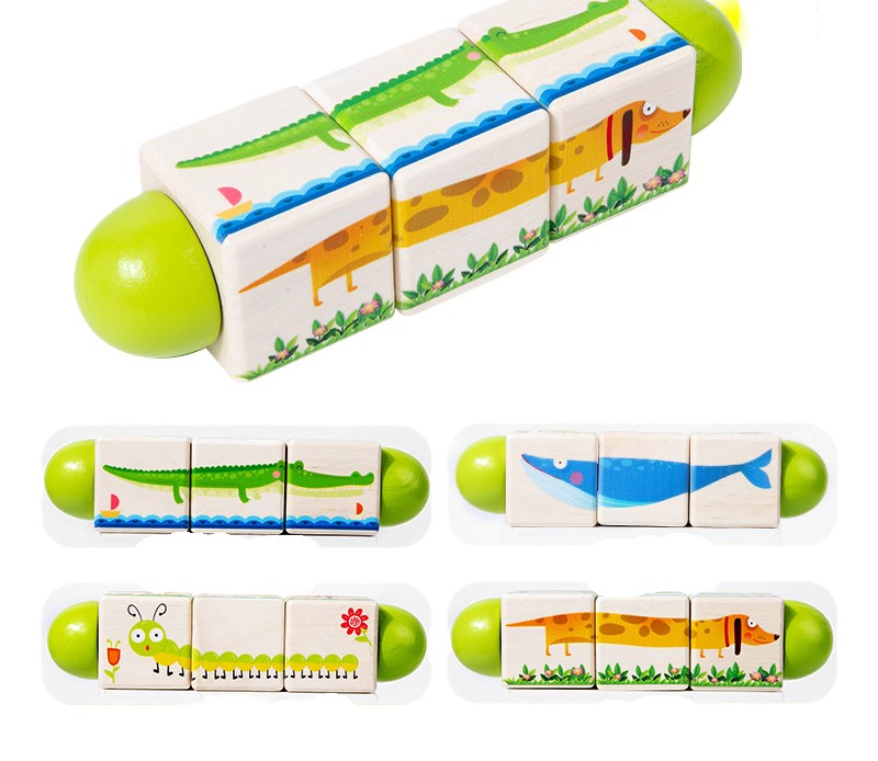 Holzspielzeug für Kinder mit rotierenden Tier-Puzzle-Bausteinen