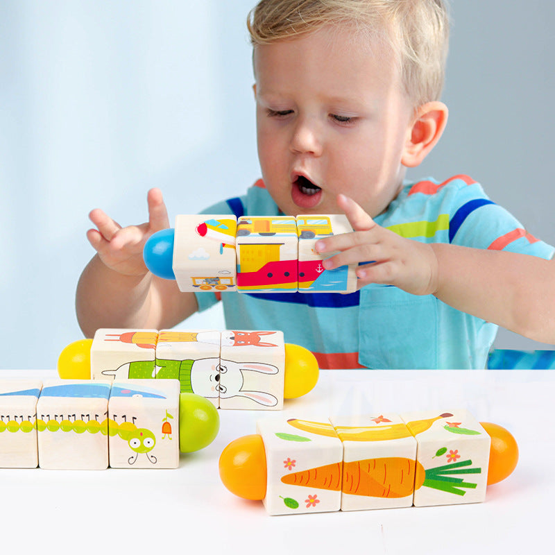 Holzspielzeug für Kinder mit rotierenden Tier-Puzzle-Bausteinen