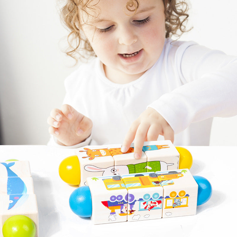 Holzspielzeug für Kinder mit rotierenden Tier-Puzzle-Bausteinen